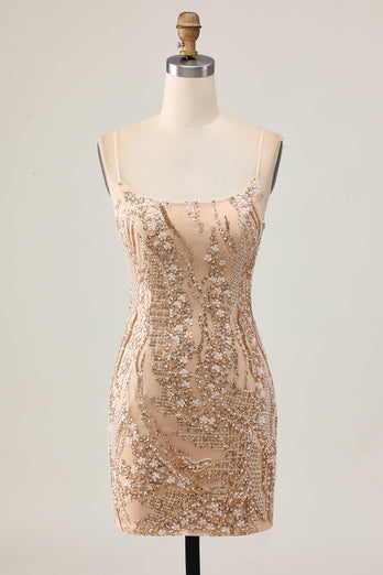 Glittrande Champagne Paljetter Bodycon Homecoming Klänning med Beading