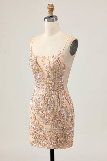 Glittrande Champagne Paljetter Bodycon Homecoming Klänning med Beading