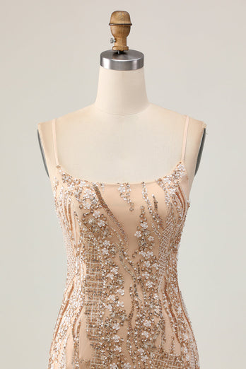 Glittrande Champagne Paljetter Bodycon Homecoming Klänning med Beading