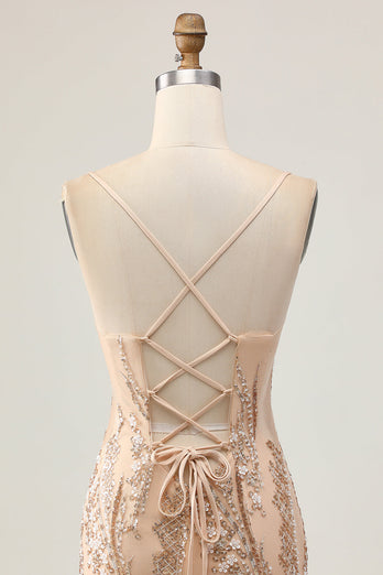 Glittrande Champagne Paljetter Bodycon Homecoming Klänning med Beading