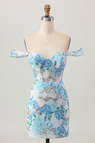 Vit, Blå, Blomma, Bodycon, Av Axeln, Paljetter, Kort, Homecoming Klänning