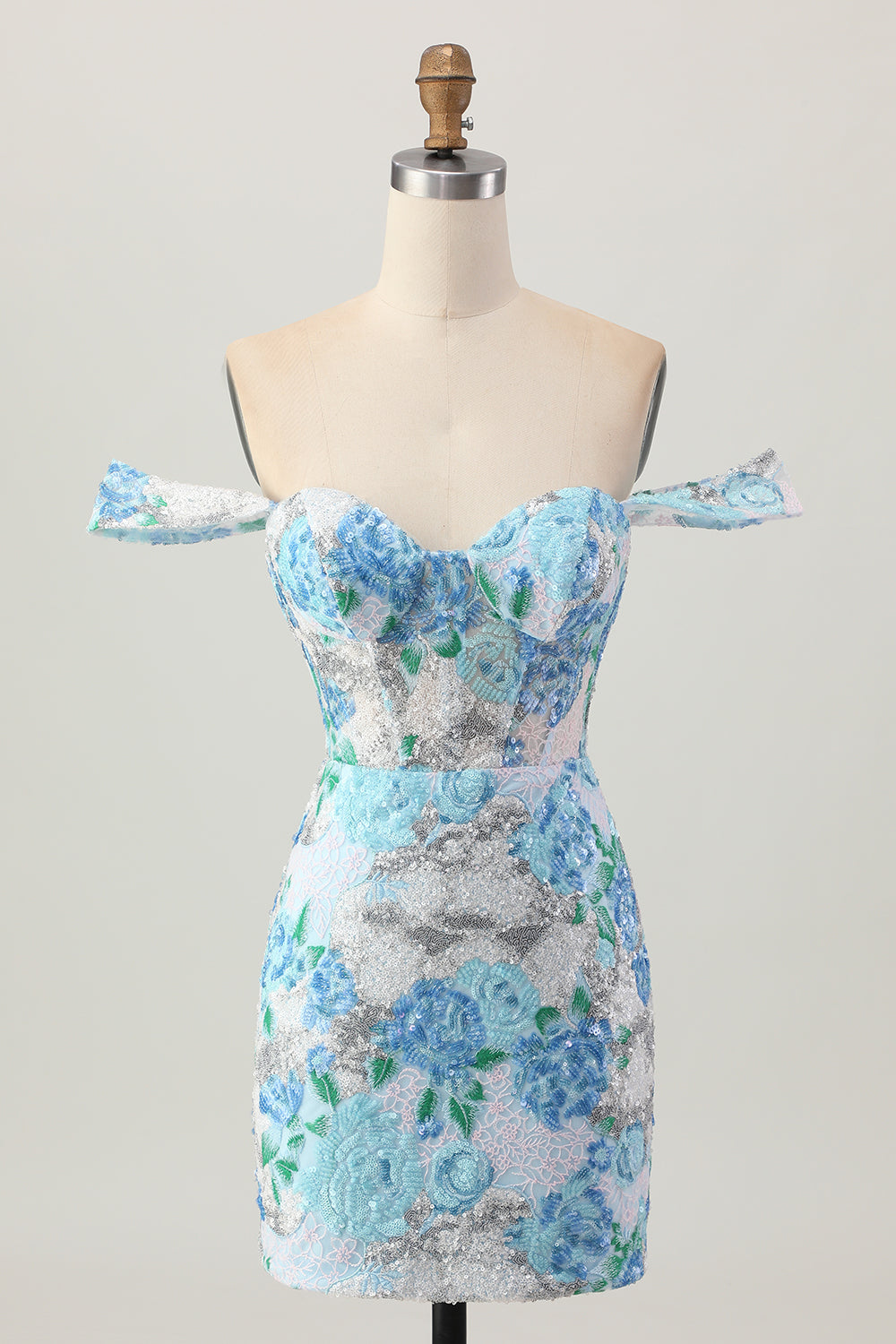 Vit, Blå, Blomma, Bodycon, Av Axeln, Paljetter, Kort, Homecoming Klänning