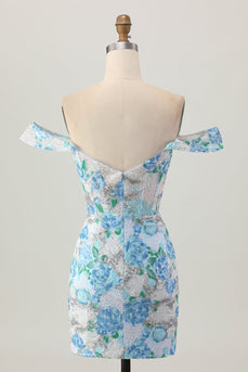 Vit, Blå, Blomma, Bodycon, Av Axeln, Paljetter, Kort, Homecoming Klänning