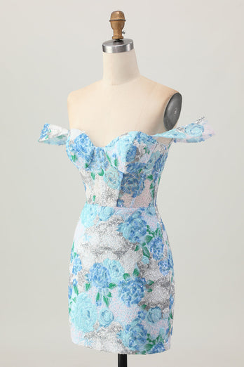 Vit, Blå, Blomma, Bodycon, Av Axeln, Paljetter, Kort, Homecoming Klänning