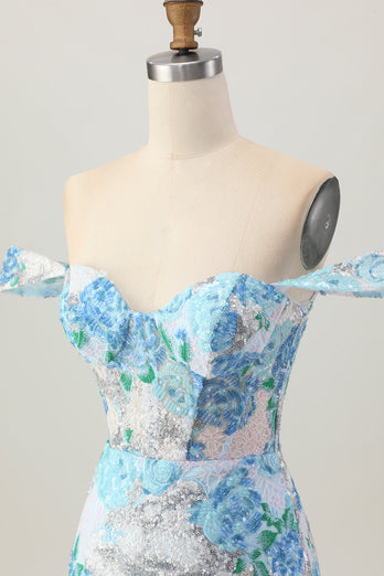 Vit, Blå, Blomma, Bodycon, Av Axeln, Paljetter, Kort, Homecoming Klänning