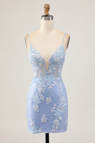 Ljusblå Bodycon Blommiga Paljetter Homecoming Klänning med Appliques