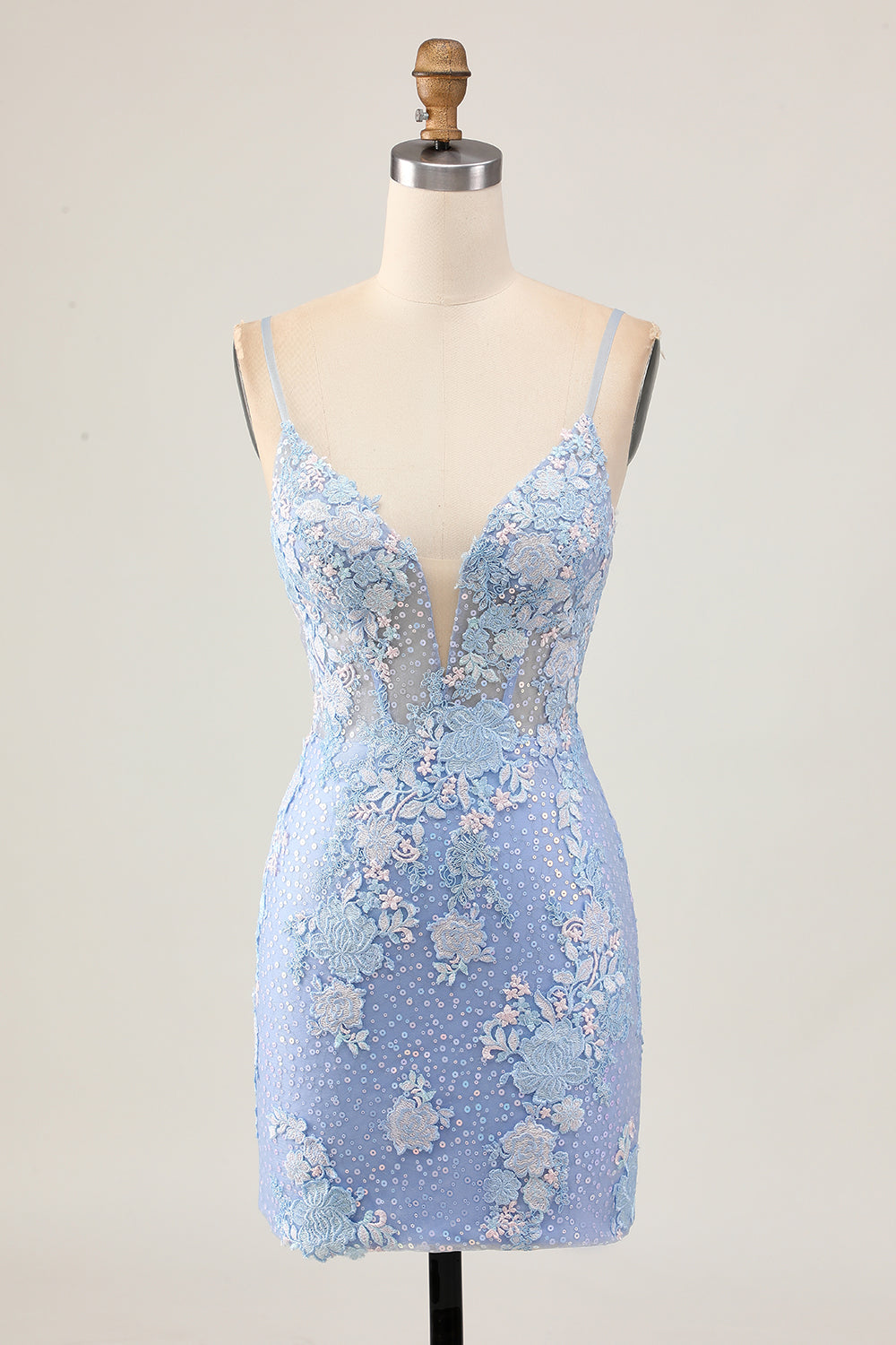 Ljusblå Bodycon Blommiga Paljetter Homecoming Klänning med Appliques