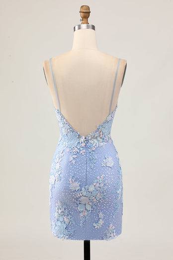 Ljusblå Bodycon Blommiga Paljetter Homecoming Klänning med Appliques