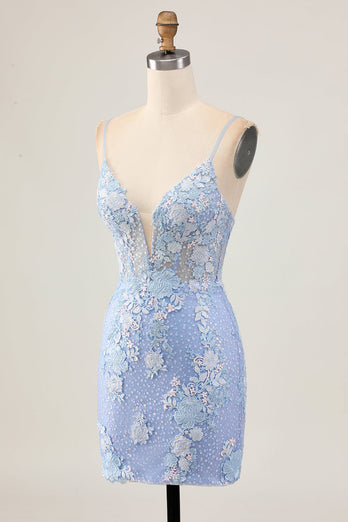 Ljusblå Bodycon Blommiga Paljetter Homecoming Klänning med Appliques