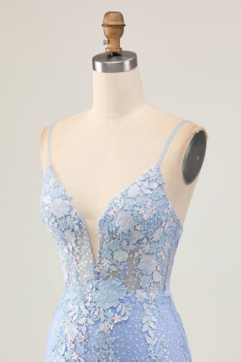 Ljusblå Bodycon Blommiga Paljetter Homecoming Klänning med Appliques