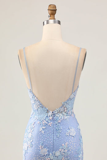 Ljusblå Bodycon Blommiga Paljetter Homecoming Klänning med Appliques