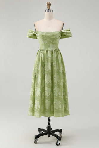 Salvia Grön Blommig En Linje Från Axeln Midi Bridesmaid Klänning