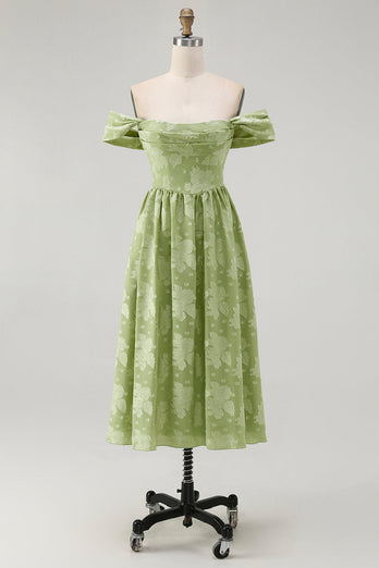 Salvia Grön Blommig En Linje Från Axeln Midi Bridesmaid Klänning