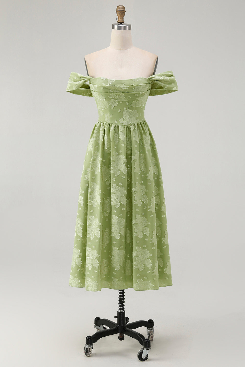 Salvia Grön Blommig En Linje Från Axeln Midi Bridesmaid Klänning