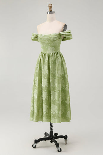 Salvia Grön Blommig En Linje Från Axeln Midi Bridesmaid Klänning