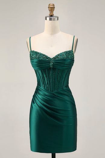 Mörkgrön Korsett Bodycon Paljetter Satin Homecoming Klänning
