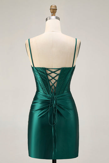 Mörkgrön Korsett Bodycon Paljetter Satin Homecoming Klänning
