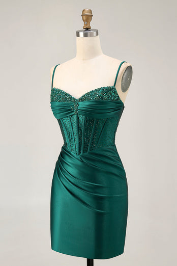 Mörkgrön Korsett Bodycon Paljetter Satin Homecoming Klänning