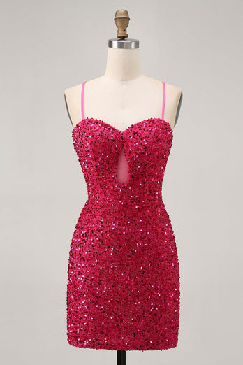 Glittrande Paljetter Fuchsia Spaghetti Remmar Kort Tight Homecoming Klänning