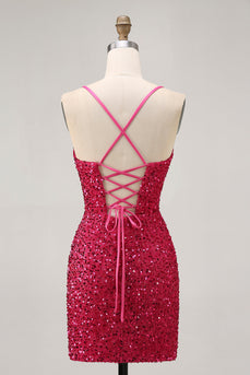 Glittrande Paljetter Fuchsia Spaghetti Remmar Kort Tight Homecoming Klänning