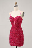 Glittrande Paljetter Fuchsia Spaghetti Remmar Kort Tight Homecoming Klänning