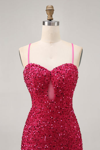Glittrande Paljetter Fuchsia Spaghetti Remmar Kort Tight Homecoming Klänning