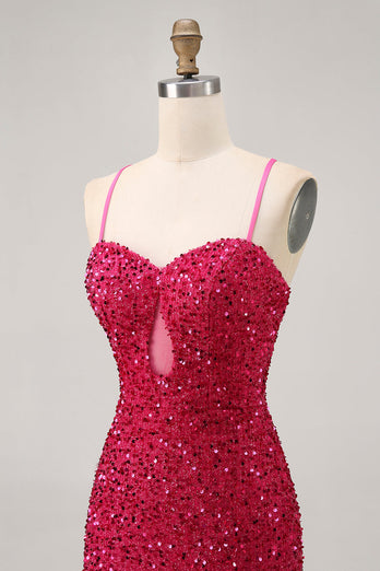 Glittrande Paljetter Fuchsia Spaghetti Remmar Kort Tight Homecoming Klänning