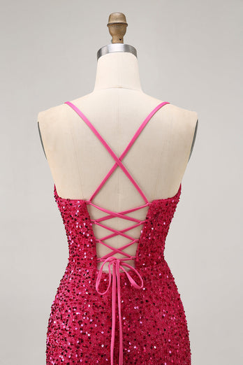 Glittrande Paljetter Fuchsia Spaghetti Remmar Kort Tight Homecoming Klänning