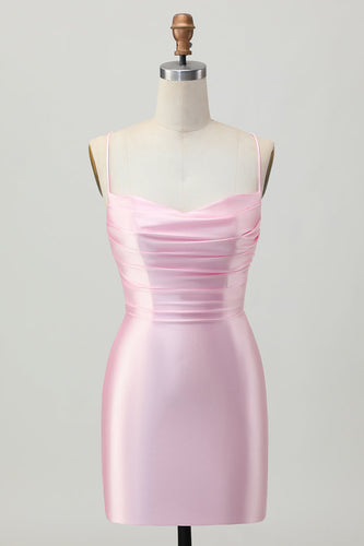 Rodnande Rosa Bodycon Spaghetti Straps Kort Homecoming Klänning med Snörning Upp Tillbaka