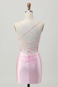 Rodnande Rosa Bodycon Spaghetti Straps Kort Homecoming Klänning med Snörning Upp Tillbaka