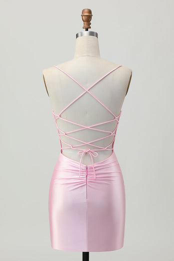 Rodnande Rosa Bodycon Spaghetti Straps Kort Homecoming Klänning med Snörning Upp Tillbaka
