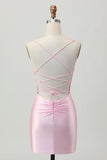 Rodnande Rosa Bodycon Spaghetti Straps Kort Homecoming Klänning med Snörning Upp Tillbaka