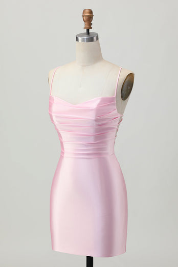 Rodnande Rosa Bodycon Spaghetti Straps Kort Homecoming Klänning med Snörning Upp Tillbaka