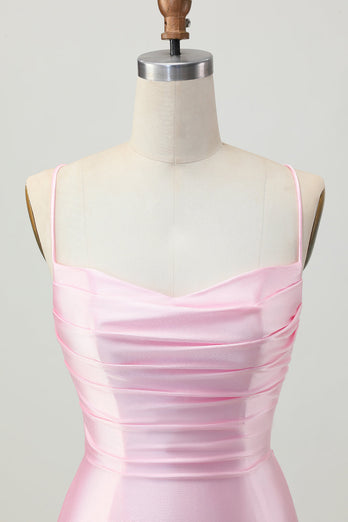Rodnande Rosa Bodycon Spaghetti Straps Kort Homecoming Klänning med Snörning Upp Tillbaka