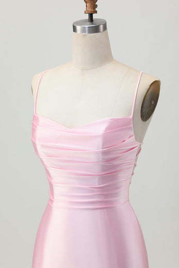 Rodnande Rosa Bodycon Spaghetti Straps Kort Homecoming Klänning med Snörning Upp Tillbaka