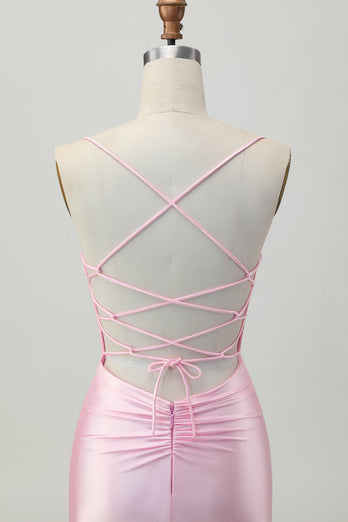 Rodnande Rosa Bodycon Spaghetti Straps Kort Homecoming Klänning med Snörning Upp Tillbaka