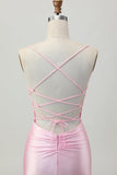 Rodnande Rosa Bodycon Spaghetti Straps Kort Homecoming Klänning med Snörning Upp Tillbaka