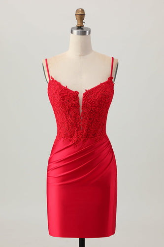 Mörkröd Spaghetti Straps Pärlstav Kort Tight Homecoming Klänning med Snörning Upp Tillbaka