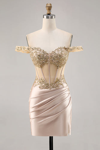 Off the Shoulder Korsett Bodycon Champagne Homecoming Klänning med Paljetter