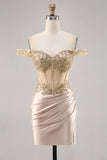 Off the Shoulder Korsett Bodycon Champagne Homecoming Klänning med Paljetter