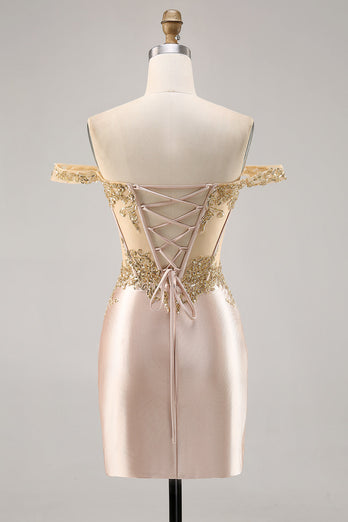 Off the Shoulder Korsett Bodycon Champagne Homecoming Klänning med Paljetter
