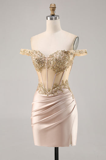 Off the Shoulder Korsett Bodycon Champagne Homecoming Klänning med Paljetter
