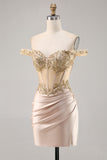 Off the Shoulder Korsett Bodycon Champagne Homecoming Klänning med Paljetter