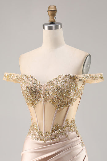 Off the Shoulder Korsett Bodycon Champagne Homecoming Klänning med Paljetter