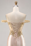 Off the Shoulder Korsett Bodycon Champagne Homecoming Klänning med Paljetter