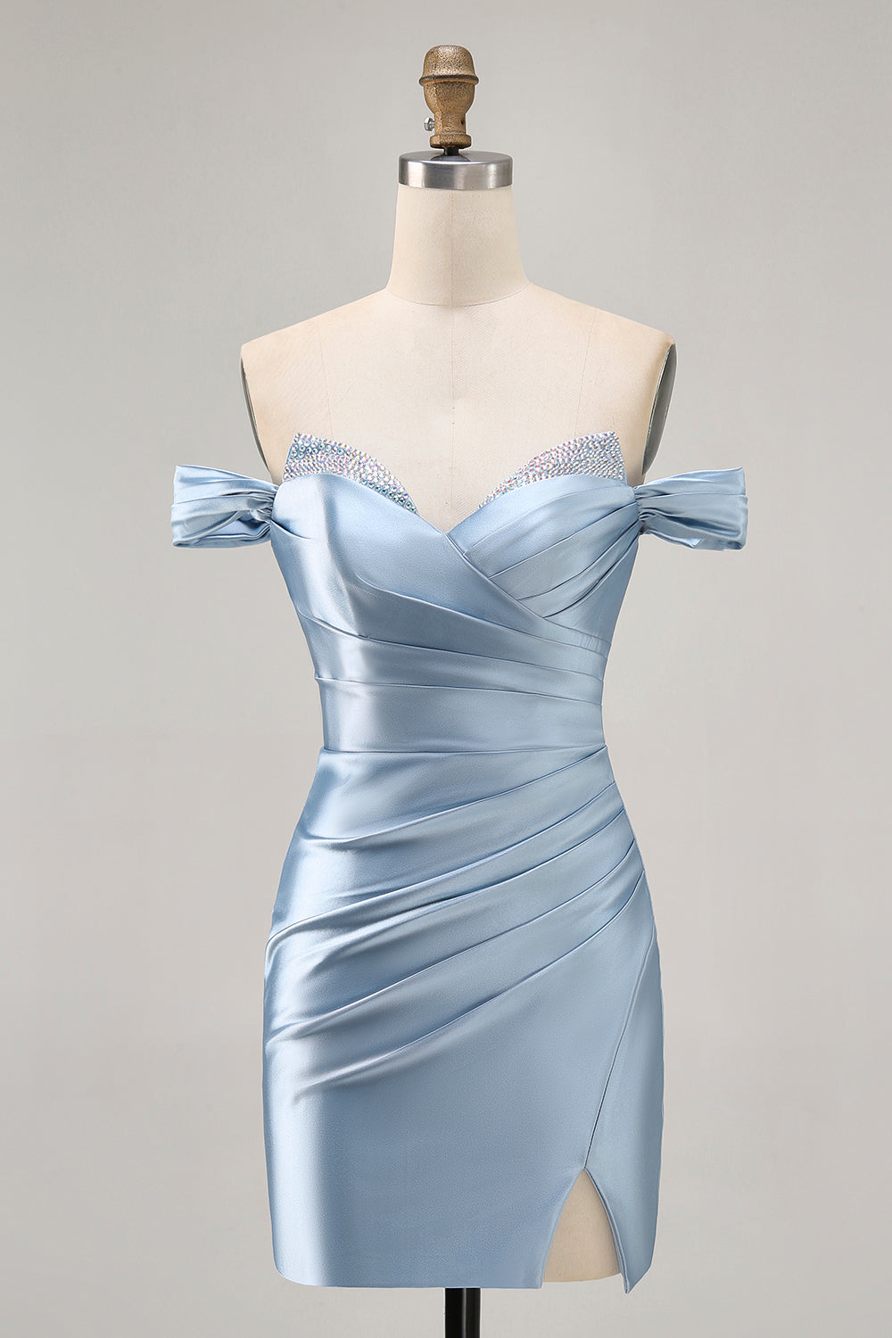 Gråblå Off The Shoulder Satin Rynkad Bodycon Homecoming Klänning med Slits