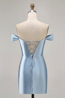 Gråblå Off The Shoulder Satin Rynkad Bodycon Homecoming Klänning med Slits