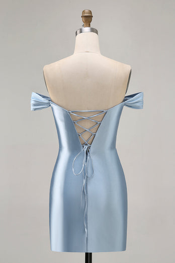 Gråblå Off The Shoulder Satin Rynkad Bodycon Homecoming Klänning med Slits
