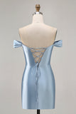 Gråblå Off The Shoulder Satin Rynkad Bodycon Homecoming Klänning med Slits