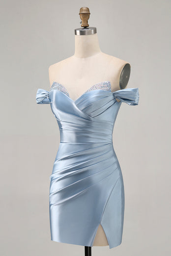 Gråblå Off The Shoulder Satin Rynkad Bodycon Homecoming Klänning med Slits